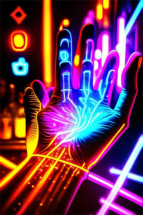 A hand with multicolored neon rays coming out of its fingers　inside a city bar　Various people gather