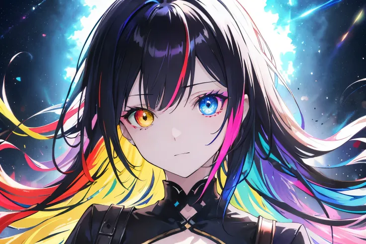 {{masutepiece}}, Best Quality, the Extremely Detailed CG Unity 8K Wallpapers, Cinematic lighting, Lens Flare, Beautiful detail eyes, Black, side glance, Multicolor Hair, Colorful light, Particle, Heterochromia, (Colorful:1.5), (Colorful hair:1.5), Swinging...