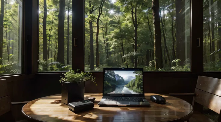 A computer, fitted with a sleek black casing, hums softly on a sturdy wooden table, amidst the serenity of a verdant morning forest. Its screen displays a crisp, vibrant desktop interface of Linux, seamlessly integrated with the natural surroundings. The i...