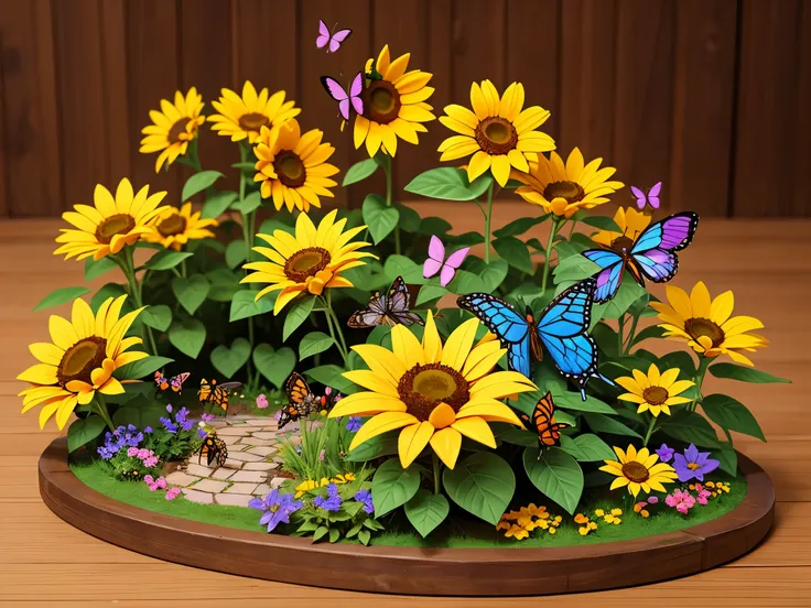 sun flower garden, butterflies, bees, ladybugs, professional craftsmanship design colorful 3D paper craft, harmonic aesthetic diorama