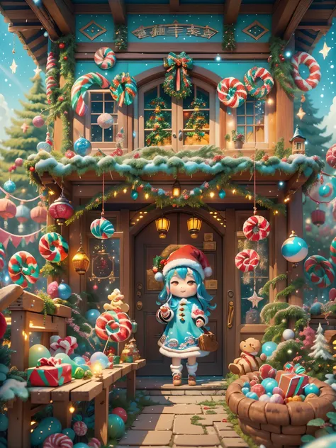 (tmasterpiece),（ultra - detailed:1.3），(Close-up: 1.8), Best quality，（棉花糖一样的白yuki:1.2），（Christmas courtyard in blue fairy tale:1.6），(蓝色门上圣诞decorationlower ring: 1.8),（suns），(((Delicious candies in front of the door，Christmas tree, gifts, Christmas stockings...