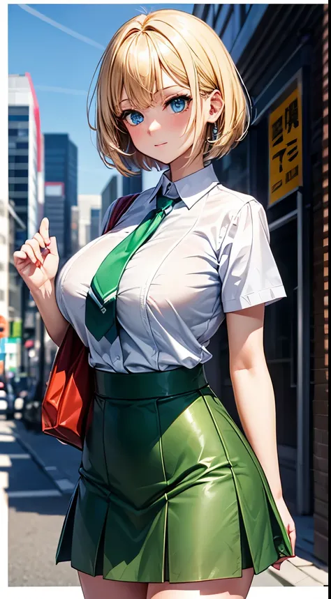 1个Giant Breast Girl, blond hairbl, short detailed hair, eBlue eyes, white  shirt, green necktie, Green skirt, 城市, Sateen, detailedbackground