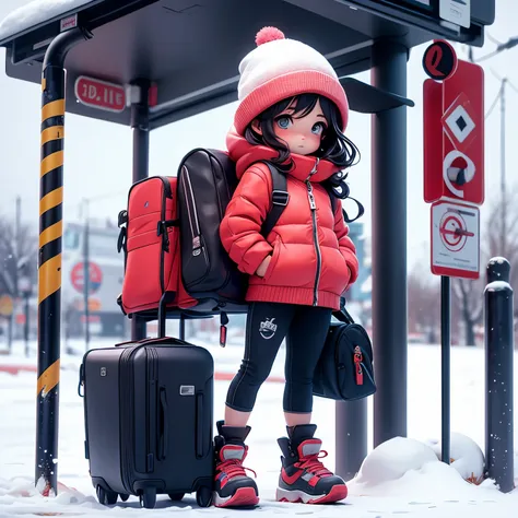 girl waiting for the bus at the bus stop with snow blizzard