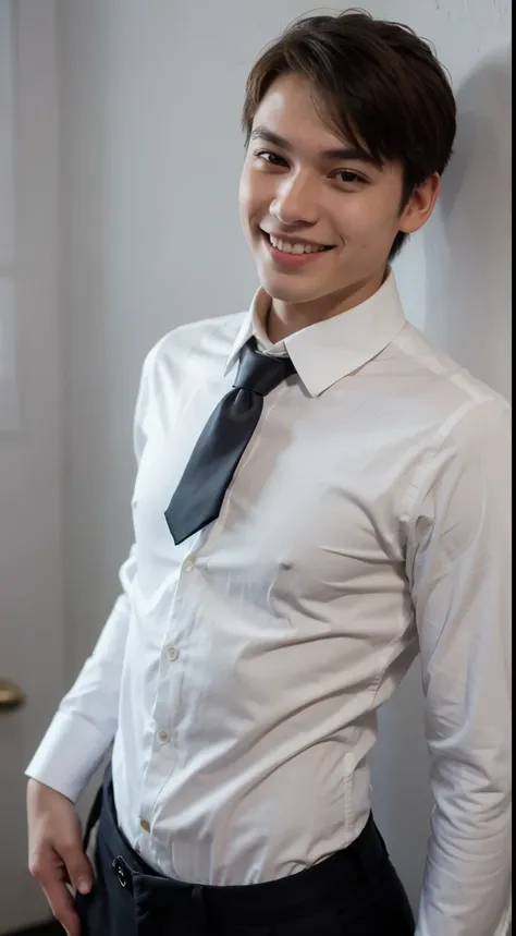 Very skinny young, short, weak
Cute guy in formals
White formal long shirt with necktie
No forearm showing
Cute smile