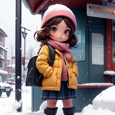 Girl waiting for the bus at the bus stop with snow blizzard