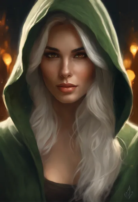 Photo of a woman with white hair, yellow-green eyes and a hoodie., fire, scratch on face, beautiful character painting, black haired goddess, graphic artist magali villeneuve, alena aenami and artgerm, fantasy concept art portrait, female redhead templar, ...