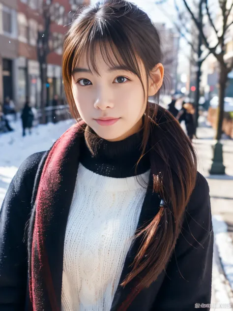 Photorealsitic, 8k full-length portraits, Beautuful Women, A charming expression, poneyTail, 18year old, TOKYOcty, Winters, Shibuya in the background