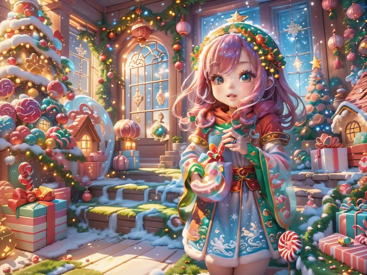 (tmasterpiece),（ultra - detailed:1.3），(Close-up: 1.8), Best quality，（棉花糖一样的白yuki:1.2），（Christmas courtyard in blue fairy tale:1.6），(蓝色门上圣诞decorationlower ring: 1.8),（suns），(((Delicious candies in front of the door，Christmas tree, gifts, Christmas stockings...