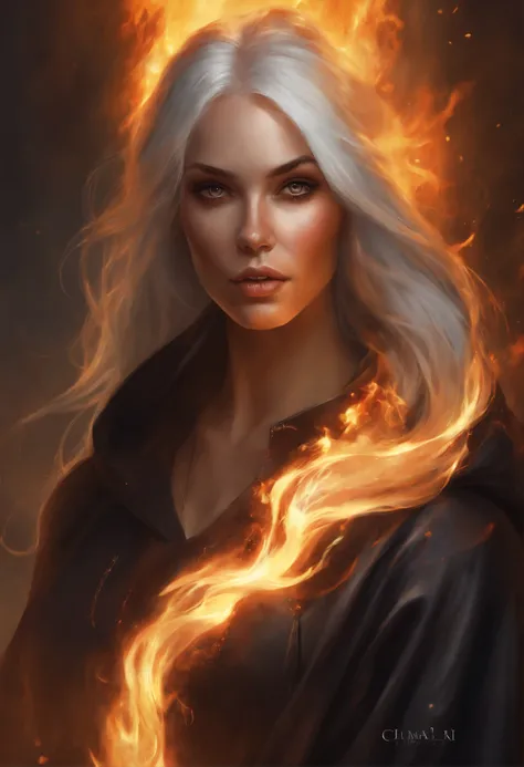 Photo of a woman in flames with white hair, yellow eyes and hoodie., fire, scratch on face, beautiful character painting, black haired goddess, graphic artist magali villeneuve, alena aenami and artgerm, fantasy concept art portrait, female redhead templar...