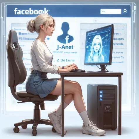 semi realistic artstyle of mature lady sitting play computer on her gaming pc with social media logo “facebook” in the background. Characters should wear modern casual white shirt and skirt, sneakers. hologram background behind her is a social media profil...