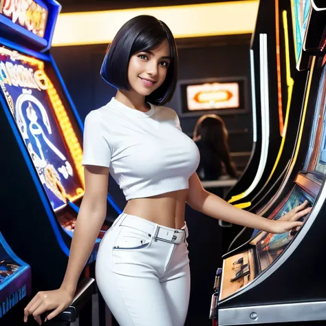 Isabela Merced and friend playing an arcade, tight white shirt, black leather pants, smiling, big breasts, bob cut hair, playing an arcade, (skin texture:1.1), (high detail face:1.1), high detail body, high detail clotheasterpiece), (realistic), ultra high...