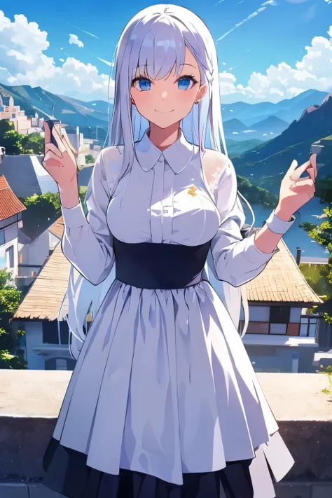 Gran calidad, best quality, ultra detailed, 1girl, solo, hair white, blue eyes, mountains, nieve, day, smile, vestido blanco, white shirt