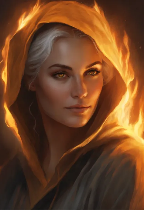 Photo of a burning man with gray hair., yellow eyes and hoodie., fire, scratch on face, beautiful character painting, white-haired god, graphic artist magali villeneuve, alena aenami and artgerm, fantasy concept art portrait, female redhead templar, Artger...