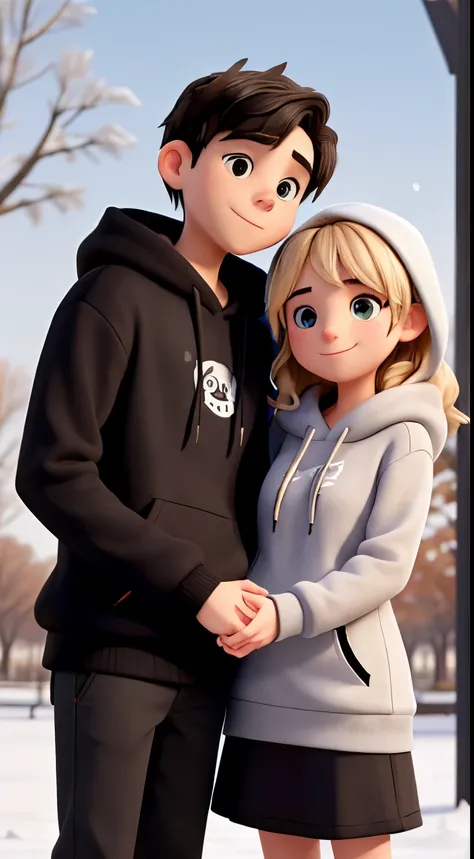 Masterpiece, perfect illustration, One boy and one girl wearing black hoodies, couples , romantic couple, holding hands,in a park, winter morning, sharp