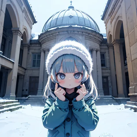 girl posing in front of a snowy dome house