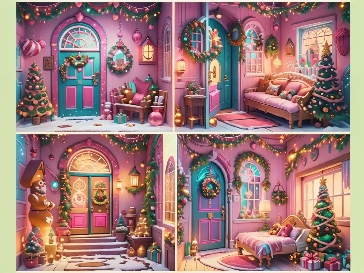 (tmasterpiece),（ultra - detailed:1.3），(closeup cleavage: 1.8), Best quality at best，（Sparkling:1.2），（Christmas garden in a dreamy fairy tale:1.6），(Neon house，门上圣诞decor下环: 1.8),（themoon），(((There are delicious candies in front of the door，Christmas tree, gi...