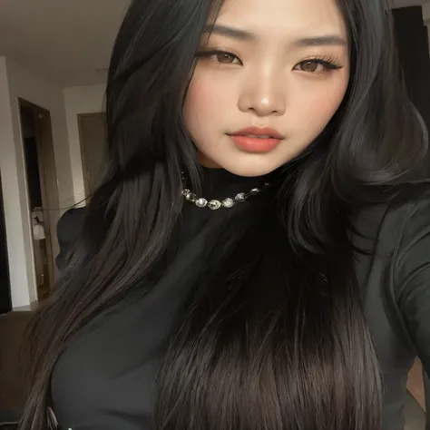 there is a woman with long black hair using a chokehold, beautiful Asian girl, Asian girl with long hair, Asian girl, com cabelo preto liso, linda mulher coreana jovem, com cabelos longos e olhos penetrantes, com longos cabelos escuros, Asian face, menina ...