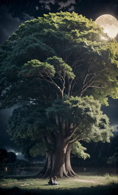 A deep night with great rain lit by the very dark moon and rays with a couple sitting in black under the tree