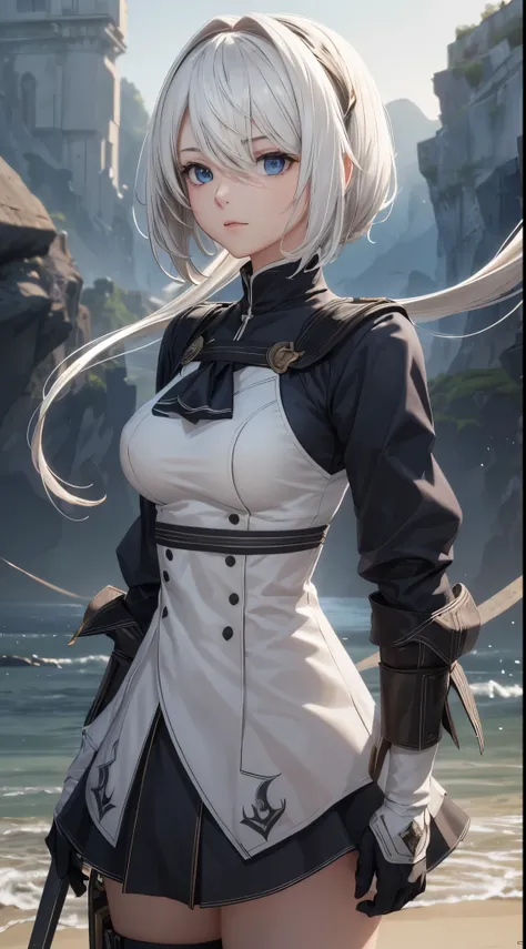 (extremely detailed CG unity 8k wallpaper), (masterpiece), (best quality), (ultra-detailed), (best illustration), (best shadow), (absurdres), 2b, 1girl, short hair, short ponytail, normal size boobs, white hair, blindfold solo, Intimidating women, admiral ...