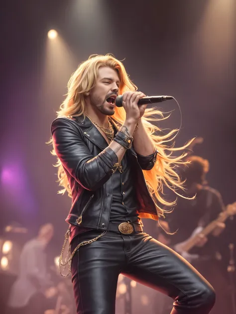 A heavy metal singer in a concert, he has a long straight blonde hair combed with a line in the middle of his hair, he has a Blond Bear, his  wearing a long red victorian jacket, a black button-down shirt and black leather pants wears a gold chain with a c...