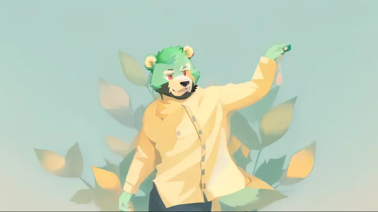 (jinpei), anthro ((bear)), furry, bear, green fur, green hair, beard, male, white eyebrows, red eyes, masterpiece, ((Best quality)), character focus solo, handsome, middle-aged, mature, muscle body, sexy, dilf, full body, there is a man in a bear mask stan...