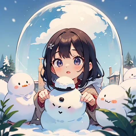 ((Girl posing in front of a snowy dome house))、Snowman on background、Strong blur