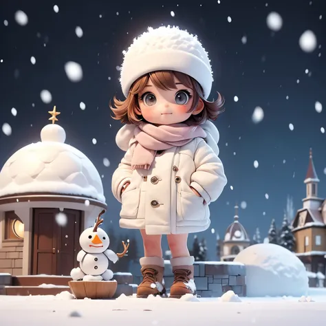 ((Girl posing in front of a snowy dome house))、Snowman on background、Strong blur