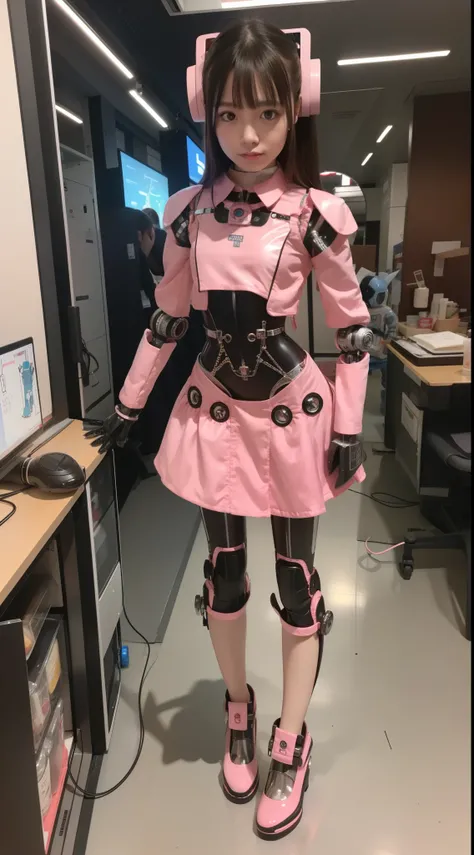 Robot Girl, pink there, Silver, Metallic body, Robot Parts, Metal Parts, Super Detailed Face, Super well-formed face, of the highest quality, a small face, small head, Brown hair, Slender body, Camera gaze, Internal Mechanical Exposure, Idol, front facing,...