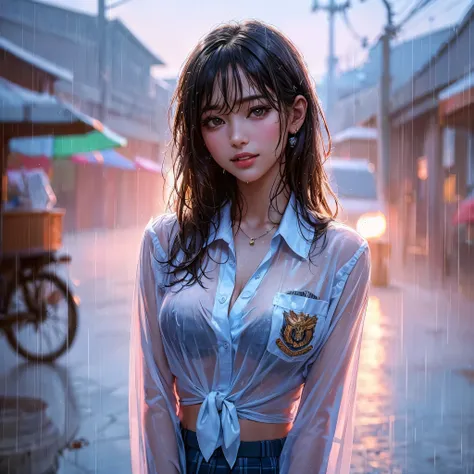 there is a woman with gigantic breast in a school uniform standing in the rain, wet shirt, see through, black bra, pretty girl s...