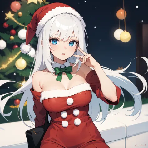 A girl dressed in a Christmas costume, white hair, blue eyes, 2D anime