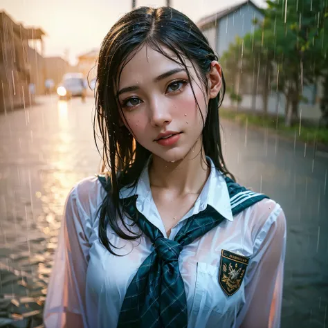 there is a woman with gigantic breast in a school uniform standing in the rain, wet shirt, see through, black bra, pretty girl standing in the rain, after rain and no girls, raining, girl wearing uniform, in the rain, thai girl, raining award winning photo...