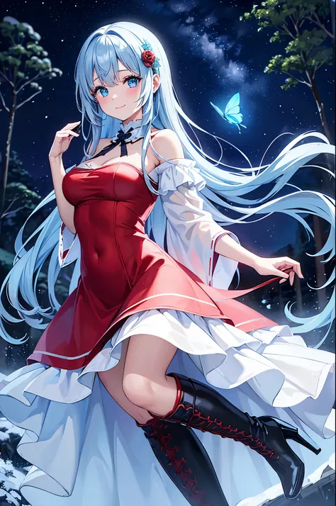 straight on, In the snowy forest、Snowflakes flutter、Christmas Landscape、1girll, (Fantasy:1.4), (azure blue eyes:1.233),Her eyes shone like dreamy stars,(Glowing eyes:1.233),(Beautiful and detailed eyes:1.1),(Light blue hair:1.14),(Twin-tailed,Very long hai...