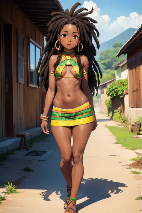 black girl, dark skin, dreads, voluminous hair, Jamaican tribal clothing, low waist, small breasts, tiny breasts, flat breasts, visible navel, shapely legs, thick legs, long legs, jamaica, sunny day, dirt street, houses wood in the background