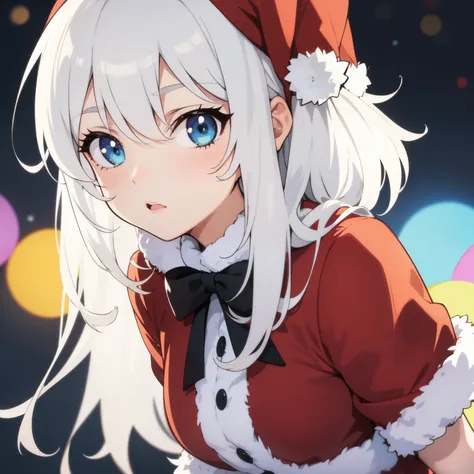 A girl dressed in a Christmas costume, white hair, blue eyes, 2D anime