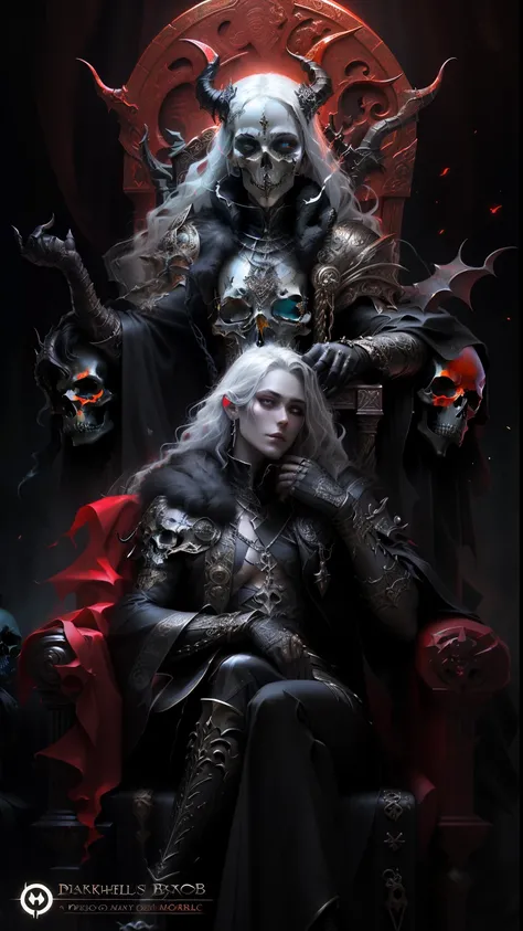 a close up of a person on a throne with a demon, beautiful male god of death, baroque dark art, Artstation contest winner, 8k high quality detailed art, adorned with demon skulls, goddess of death, dark fantasy style art, cgsociety 8k, cgsociety 8 k, cgsoc...