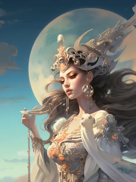 One long hair、Wear a crown on your head、woman holding bird in hand, More, lunar goddess, in the art style of More, fantasy style art, lunar goddess, lunar goddess, Alphonse Mucha and Rose Drews, karol bak and peter More, beautiful fantasy empress, ross tra...