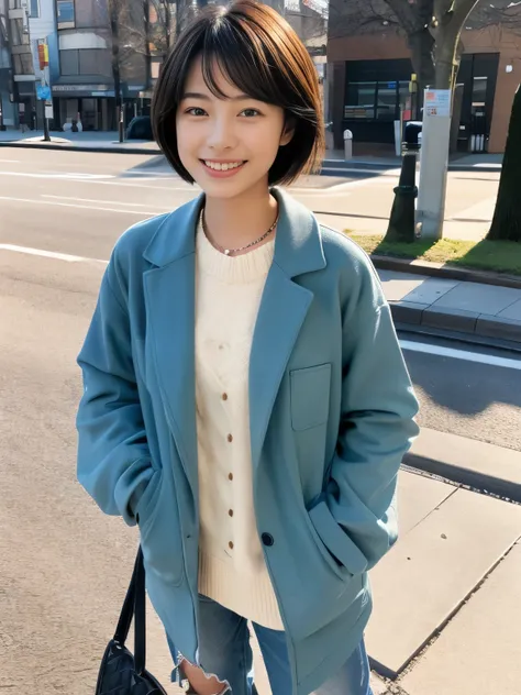 Photorealsitic, 8K, Full body portrait, Beautuful Women, A charming expression, Shorthair, 18year old, TOKYOcty, Winters, Shibuya in the background