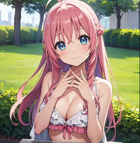 outdoor, grass, day,
BREAK  saotome_atena, atena_saotome, pink hair, blue eyes, aqua eyes, long hair, ahoge, sidelocks, large breasts,
BREAK bikini, pink bikini, front-tie bikini top, bare shoulders, collarbone, cleavage, shiny skin, wet, sweat,
BREAK stan...