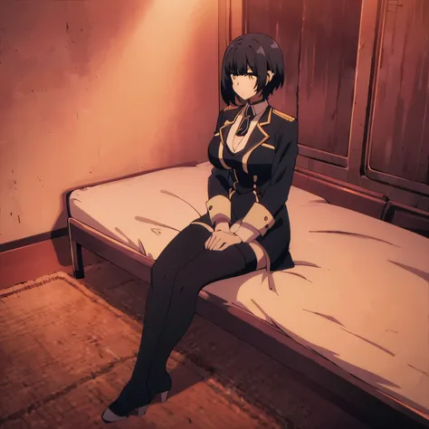 ((solo, 1 female)) (masterpiece) black hair, yellow eyes, black and white suit, black stockings, sitting on bed, big breasts