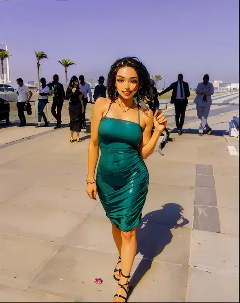 there is a woman in a green dress walking on a sidewalk, full body green dress, she wears a dark green dress, green dress, belly free teal dress, 25-year-old, tight dress, full body photogenic shot, she is about 2 0 years old, she is about 20 years old