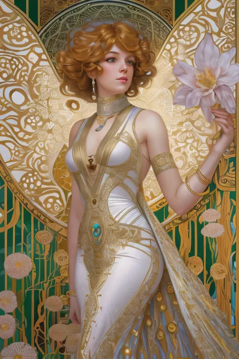 art deco - middle aged augmented buxom pale voluptuos full figured white woman in glossy iridescent  outfit, full body, G-cups , cover, hyperdetailed painting, luminism, Bar lighting, complex, 4k resolution concept art portrait by Greg Rutkowski, Artgerm, ...