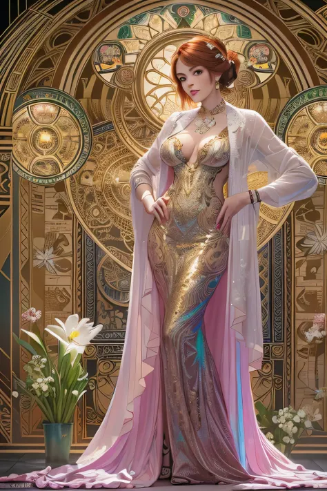 art deco - middle aged augmented buxom pale voluptuos full figured white woman in glossy iridescent  outfit, full body, G-cups , cover, hyperdetailed painting, luminism, Bar lighting, complex, 4k resolution concept art portrait by Greg Rutkowski, Artgerm, ...