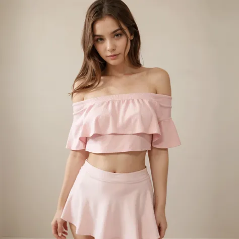 Pink Playful off-shoulder top with a flared mini skirt.