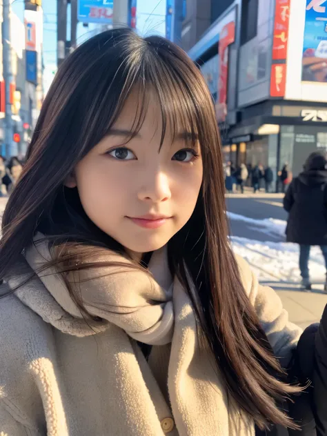 Photorealsitic, 8k full-length portraits, Beautuful Women, A charming expression, 18year old, TOKYOcty, Winters, Shibuya in the background