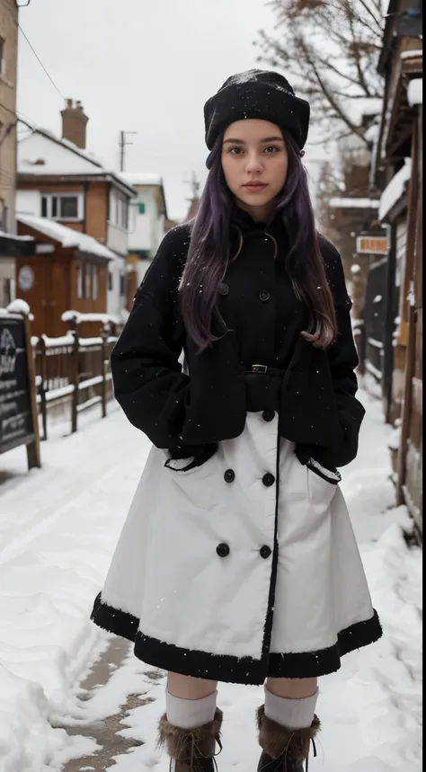 Menina bonita, menina jovem, 23 anos, Cabelo absurdamente longos, cabelo pintado todo de roxo, with black colored 20th century winter clothes, British English model winter costumes from the year 1920, andando num dia de neve, apaixonada, realista.