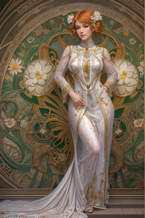 art deco - middle aged augmented buxom pale voluptuos full figured white woman in glossy iridescent  outfit, full body, G-cups , cover, hyperdetailed painting, luminism, Bar lighting, complex, 4k resolution concept art portrait by Greg Rutkowski, Artgerm, ...