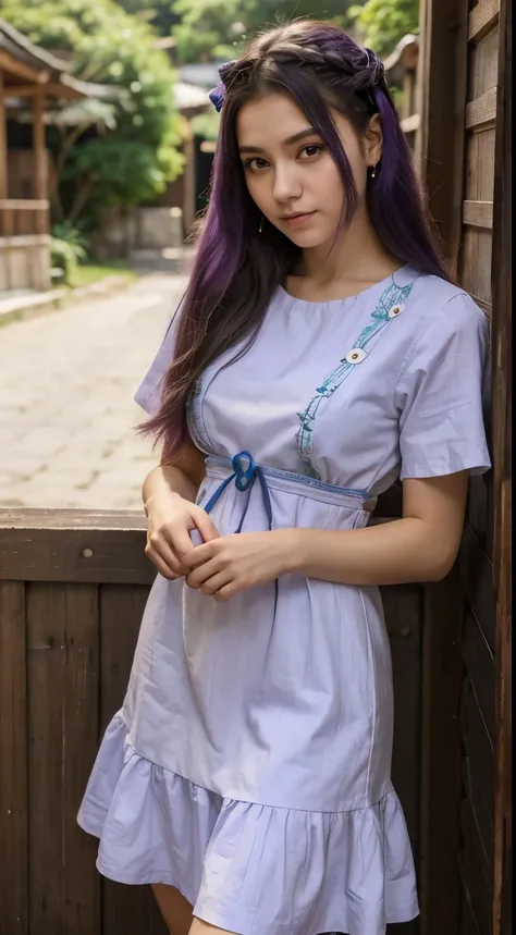 Menina bonita, menina jovem, 23 anos, Cabelo absurdamente longos, cabelo pintado todo de roxo, com um vestido de cor roxa, vestido de casamento, mulher japonesa, deusa japonesa, fundo da natureza, apaixonada, realista.