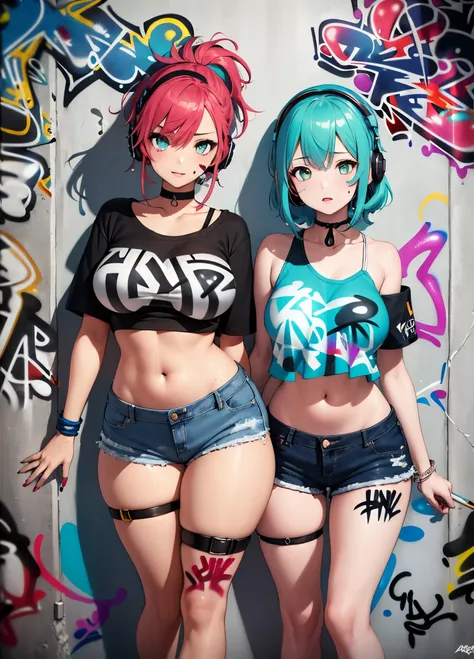 masterpiece, best quality, ((2girls)), (duo), crop top, denim shorts, choker, (graffiti:1.5), paint splatter, arms behind back, against wall, looking at viewer, armband, thigh strap, paint on body, head tilt, bored, multicolored hair, aqua eyes, headset, (...