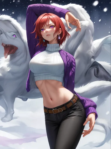 Masterpiece, sksmaki,sexy,facial details,solo, dancing, detailed body part details, short hair,embarrassed , (sexy stomach), detailed belly, midriff, big breasts,8k wallpaper, looking at viewer, nishikino maki, low waisted pants, unbuttoned pants,tight ,(s...