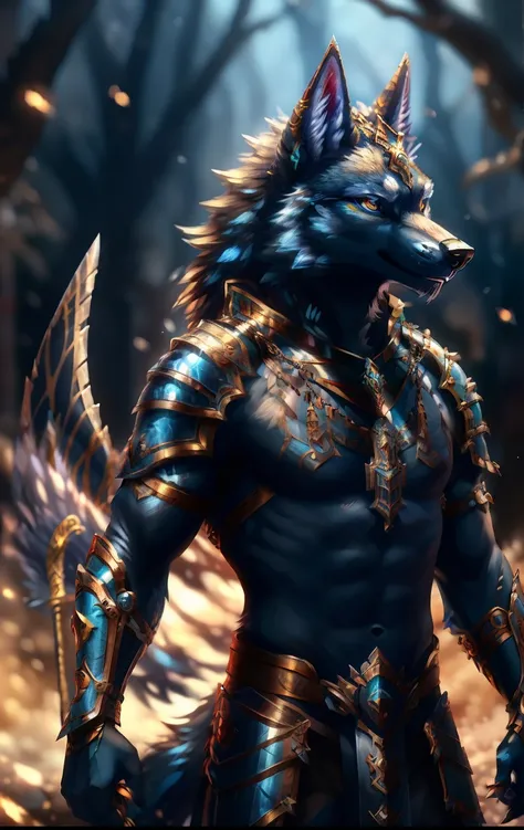 arafed image of a man in armor holding a sword, wolf armor, husky in shiny armor, dark fox mage, fantasy wolf portrait, epic fantasy style art, mystical anubis valkyrie, fenrir, detailed digital 2d fantasy art, epic fantasy style, furry fantasy art, epic f...